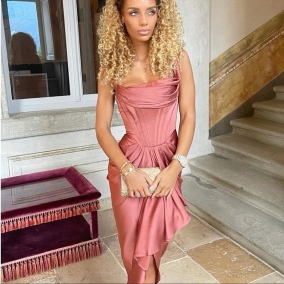 House of CB ‘Janis’ Rouge Satin One Shoulder Draped Midi Dress NWOT - Picture 9 of 17